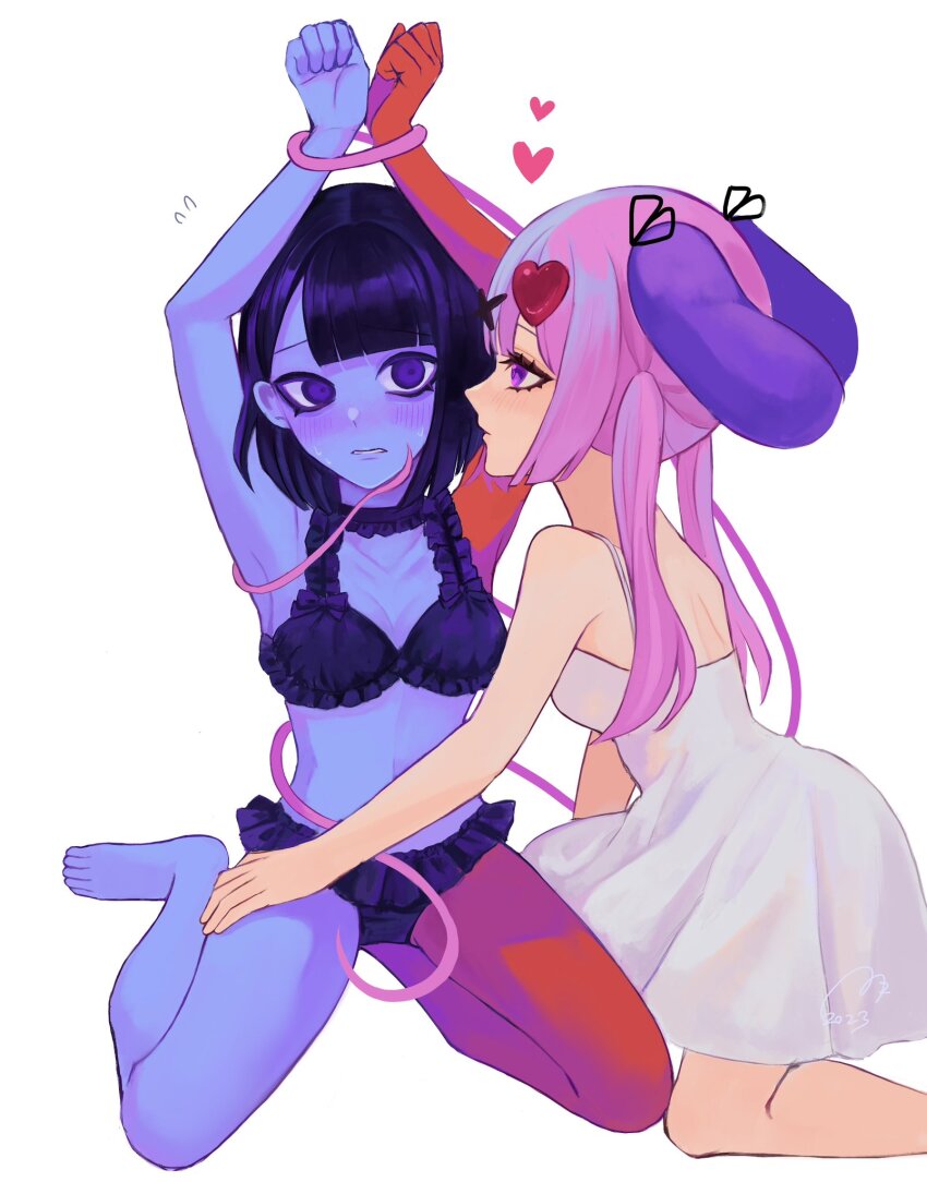 2girls, alternate_costume, animal_ears, armpits, arms_up, barefoot, black_bra, black_hair, black_panties, blue_skin, blunt_bangs, blunt_ends, blush, bob_cut, bound, bound_wrists, bra, breasts, cleavage, collarbone, colored_blush, colored_skin, commentary, dress, ena:_dream_bbq, ena_(dream_bbq), ena_(series), ena_(species), eyelashes, feet, frilled_bra, frilled_panties, frills, hangover_ena, highres, kneeling, lingerie, mezo_(usagimarumei), multicolored_skin, multiple_girls, panties, pink_hair, prehensile_hair, purple_blush, rabbit_ears, rabbit_girl, red_skin, sidelocks, simple_background, sitting, sleeveless, sleeveless_dress, spaghetti_strap, untranslatable_commentary, twintails, two-tone_skin, underwear, usagimarumei, white_dress, yuri