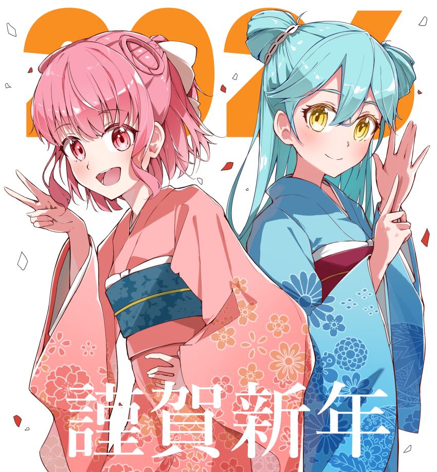 2026, 2girls, aqua_hair, blue_kimono, bow, closed_mouth, comadori09, commentary_request
