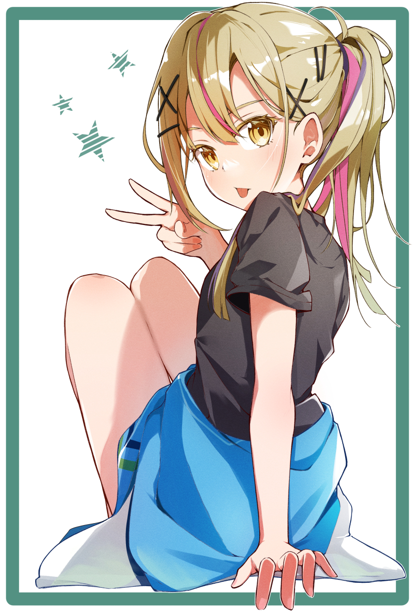 1girl, absurdres, black_shirt, blonde_hair, closed_mouth, clothes_around_waist, comadori09, commentary_request