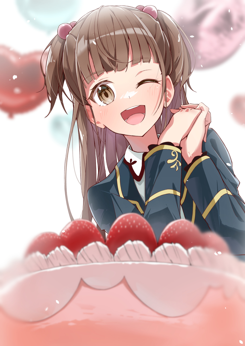 1girl, absurdres, balloon, black_jacket, blazer, blurry, blurry_background, brown_eyes