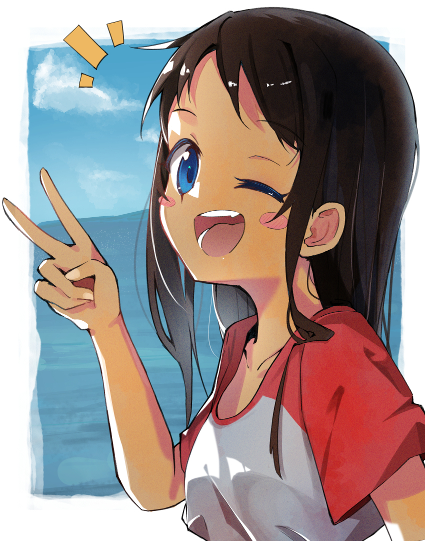 1girl, absurdres, blue_eyes, blush_stickers, brown_hair, comadori09, commentary_request, dark-skinned_female