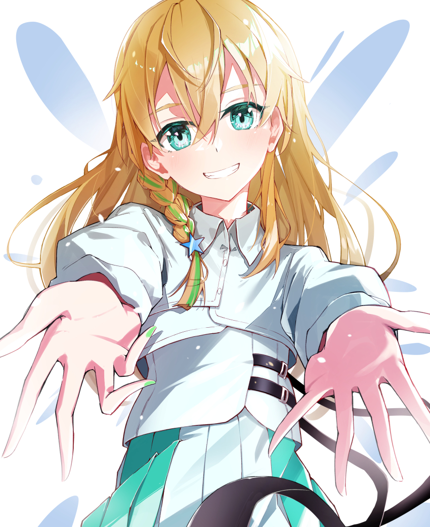 1girl, absurdres, aqua_eyes, aqua_skirt, blonde_hair, braid, clenched_teeth, comadori09