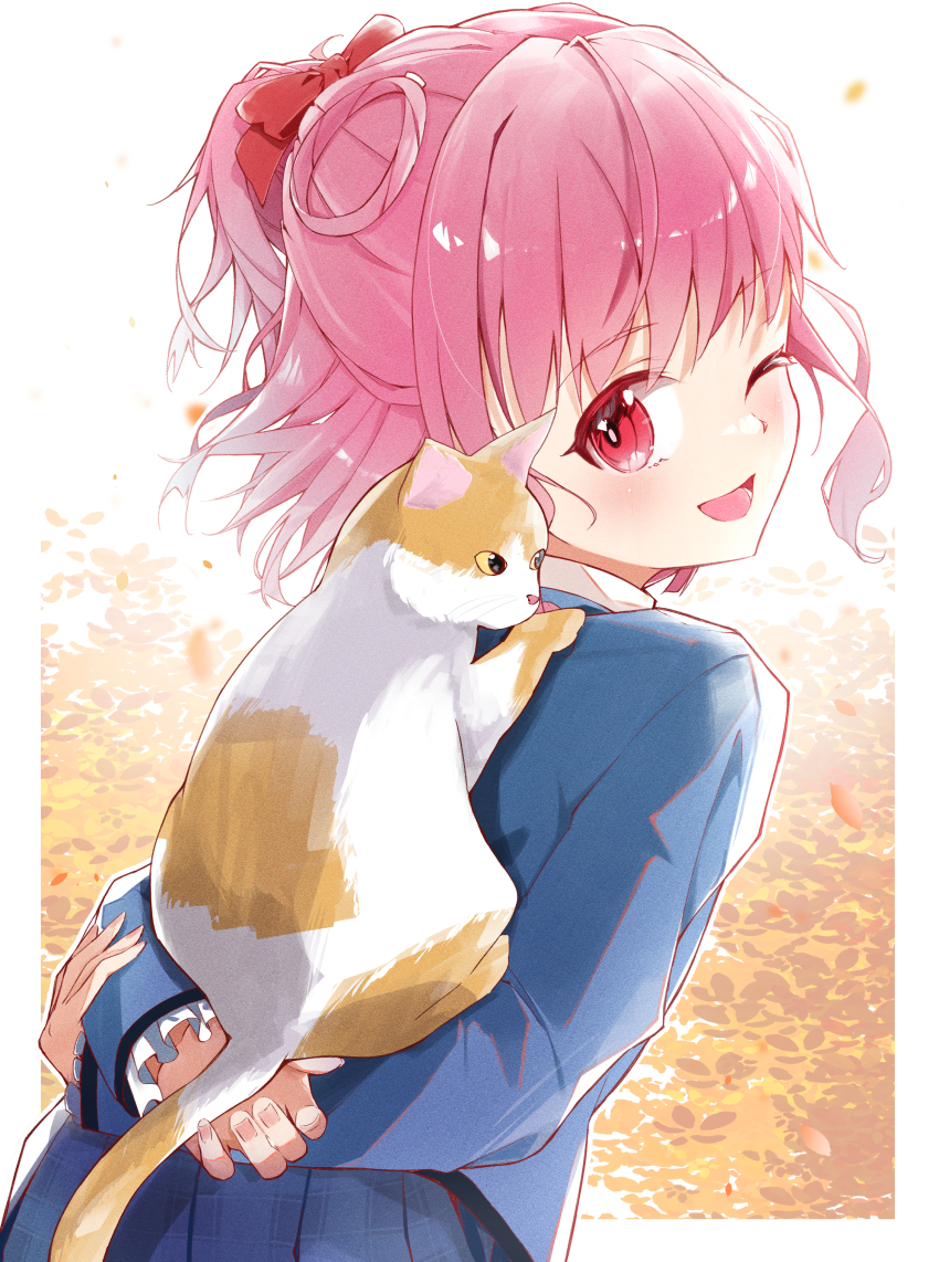 1girl, absurdres, blue_jacket, blue_skirt, bow, carrying, cat, comadori09