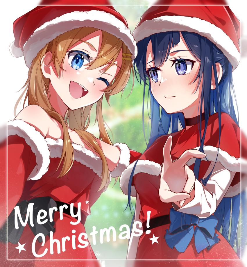 2girls, absurdres, blue_eyes, blue_hair, brown_hair, choker, christmas, closed_mouth