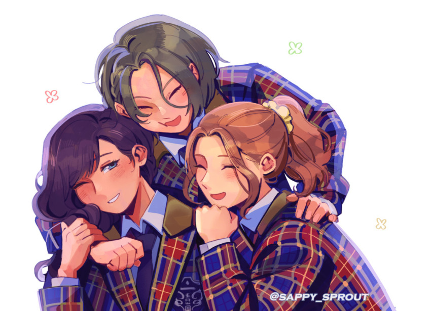 3girls, :d, arm_around_neck, black_necktie, blue_eyes, blue_jacket, blue_shirt, blush
