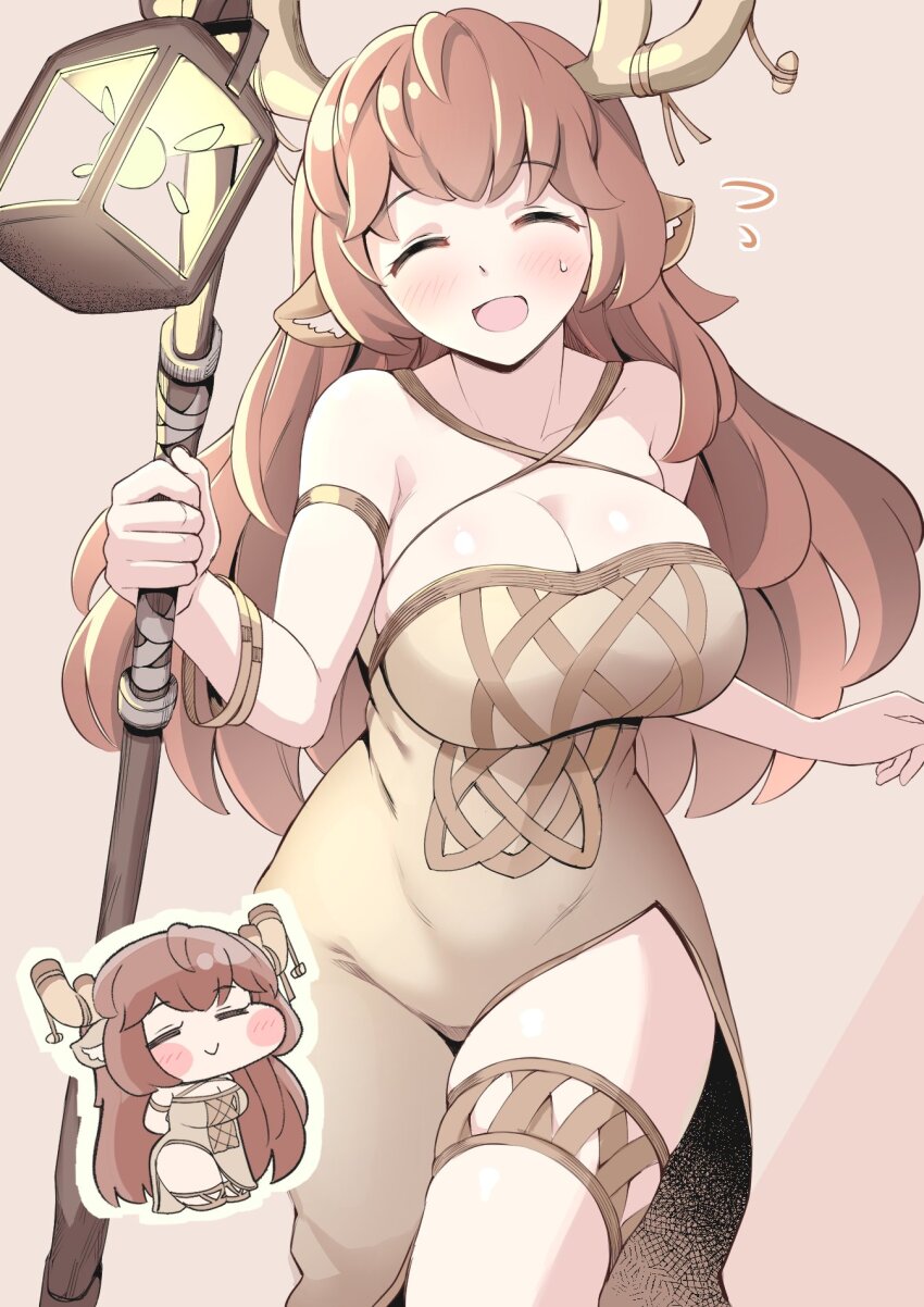 1girl, animal_ears, antler_ornament, antlers, asymmetrical_dress, bangle, blush, blush_stickers