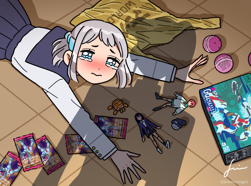 1girl, amate_yuzuriha, apu_spills_his_tendies_(meme), bag, blue_eyes, blue_ribbon, blue_sailor_collar, blue_skirt