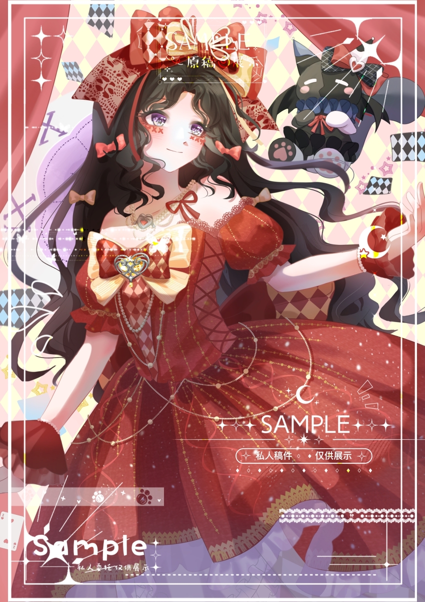 1girl, absurdres, argyle_background, argyle_bow, argyle_bowtie, argyle_clothes, bare_shoulders, bead_bracelet