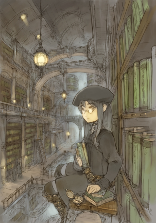 1girl, black_hair, book, boots, bridge, female_focus, glasses, hat