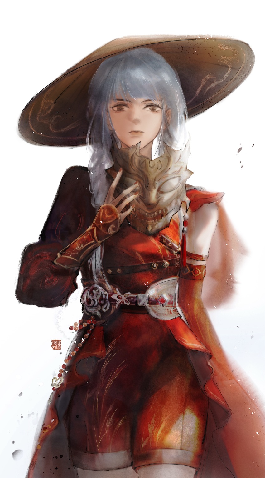 1girl, absurdres, belt, black_belt, black_mask, blue_hair, bracer, braid