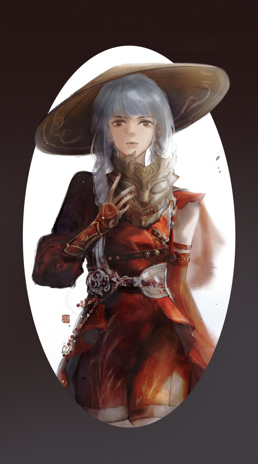 1girl, absurdres, belt, black_belt, black_border, black_mask, blue_hair, border