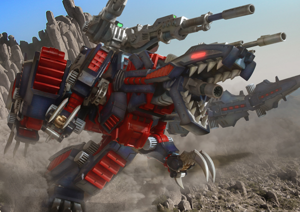 3d, beam_rifle, cannon, claws, dinosaur, dust, energy_gun, genosaurer, glowing, glowing_eyes, gun, mecha, no_humans, open_mouth, robographer, robot, sharp_teeth, solo, tail, teeth, weapon, zoids, zoids_chaotic_century