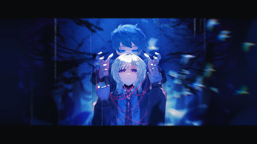 2boys, absurdres, akinashi_haru, blue_background, blue_light, cardigan, dress_shirt, expression_request, front-to-back, hands_up, highres, letterboxed, male_focus, motion_blur, multiple_boys, necktie, saihate_eki, shirt, straight-on, string, string_of_fate, tatsunami_shion, upper_body, zimu_(xhs_42919373813)
