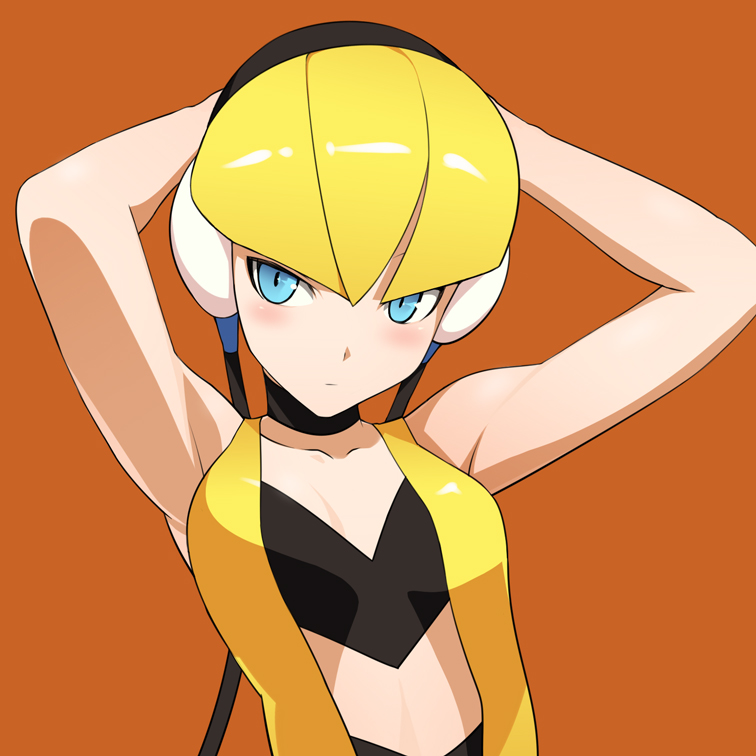 10s, 1girl, armpits, bad_id, bad_pixiv_id, bare_shoulders, blonde_hair, blue_eyes, blunt_bangs, blush, choker, elesa_(pokemon), female_focus, gym_leader, headphones, nintendo, pokemon, pokemon_black_and_white, short_hair, simple_background, solo, ultra00