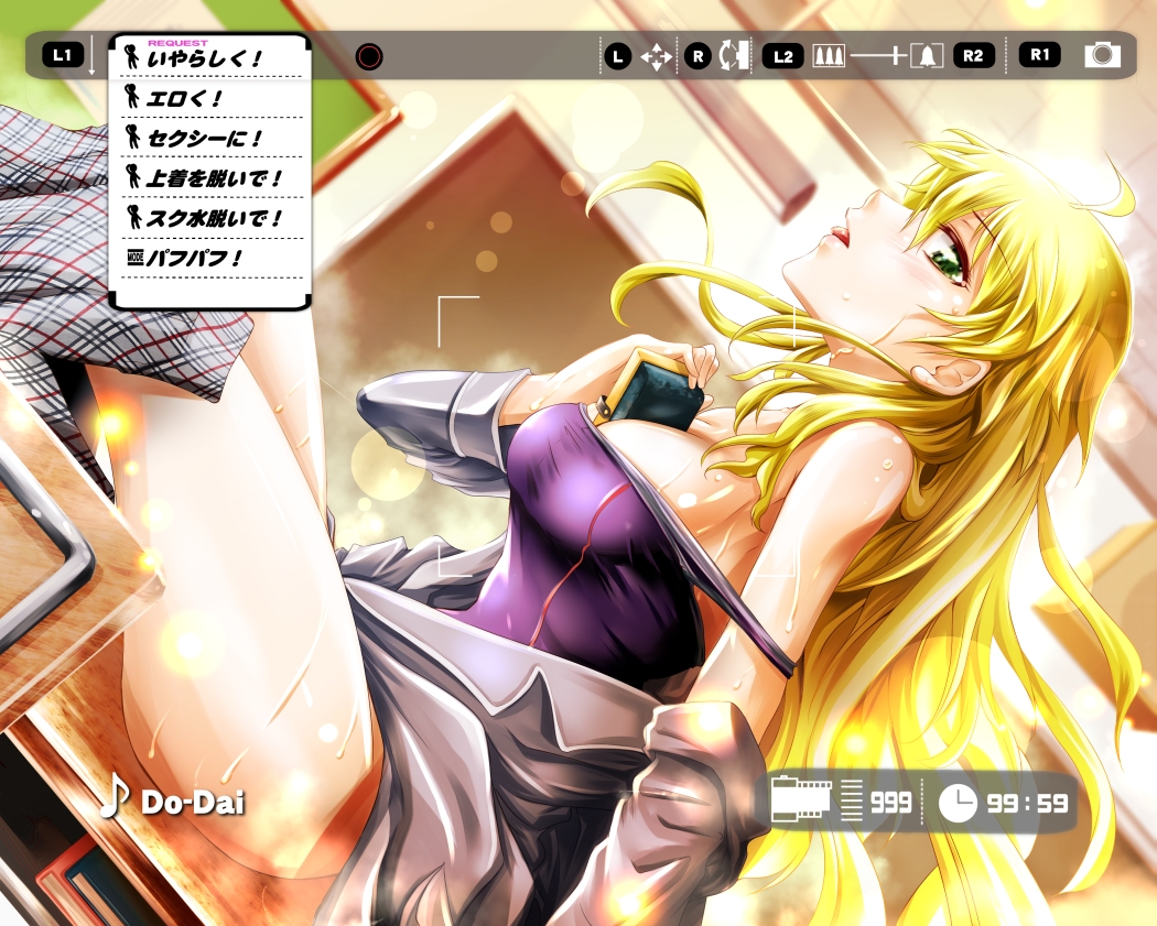 1girl, ahoge, between_breasts, blonde_hair, blush, breasts, fake_screenshot, female_focus