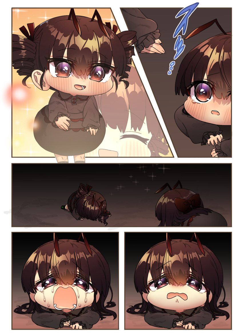 2girls, :d, ^_^, ant_girl, antennae, arthropod_girl, black_dress, blush