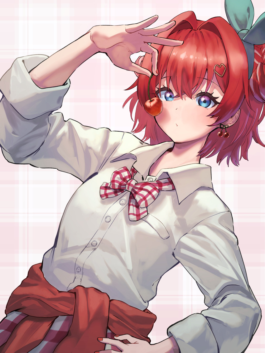 1girl, absurdres, ange_katrina, arm_up, blue_eyes, blush, bow, bow_hairband, bowtie, breasts, cherry, cherry_earrings, cherry_pop_(vocaloid), closed_mouth, clothes_around_waist, collared_shirt, commentary_request, cowboy_shot, crossed_bangs, double_bun, dutch_angle, earrings, eyelashes, food, food-themed_earrings, food_themed_earrings, fruit, gingham_clothes, gingham_skirt, green_bow, green_hairband, grid_print, hair_between_eyes, hair_bun, hair_intakes, hair_ornament, hairband, hand_on_own_hip, heart, heart_hair_ornament, highres, holding_fruit, jewelry, looking_at_viewer, medium_hair, multicolored_eyes, multicolored_hair, nail_polish, nijisanji, official_alternate_costume, pink_background, pink_skirt, plaid_background, print_bow, print_bowtie, purple_eyes, red_bow, red_bowtie, red_hair, red_nails, red_sweater, rkin_4917, shirt, skirt, sleeves_rolled_up, small_breasts, solo, streaked_hair, sweater, sweater_around_waist, two-tone_eyes, virtual_youtuber, white_bow, white_bowtie, white_shirt