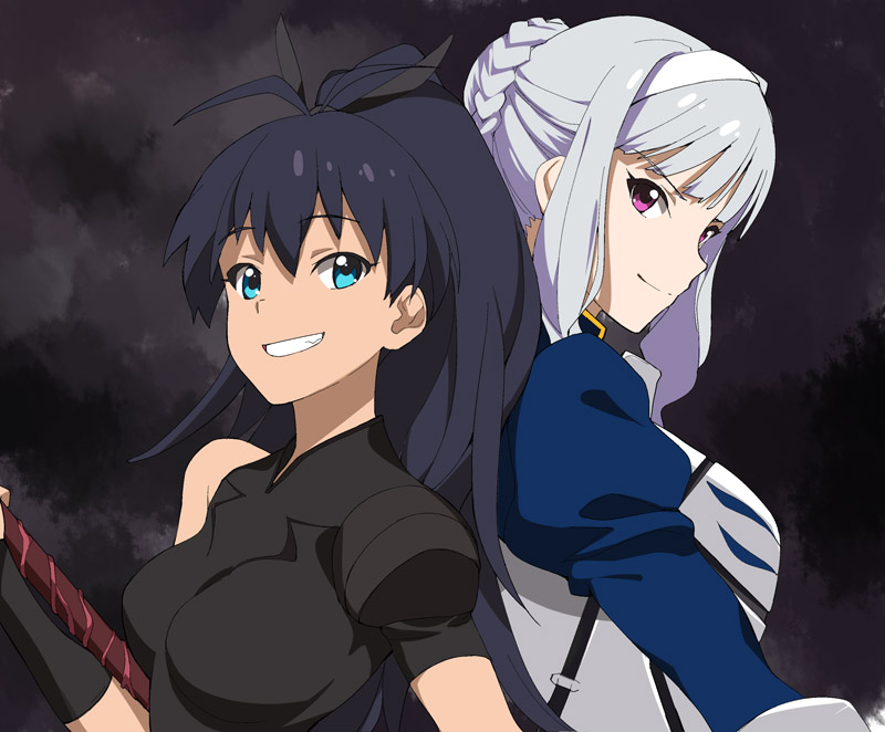 2girls, a1_(initial-g), ahoge, aqua_eyes, armor, artoria_pendragon_(fate), back-to-back, black_hair