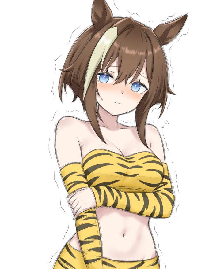 1girl, animal_ears, arm_under_breasts, bare_shoulders, blue_eyes, blush, breasts, brown_hair