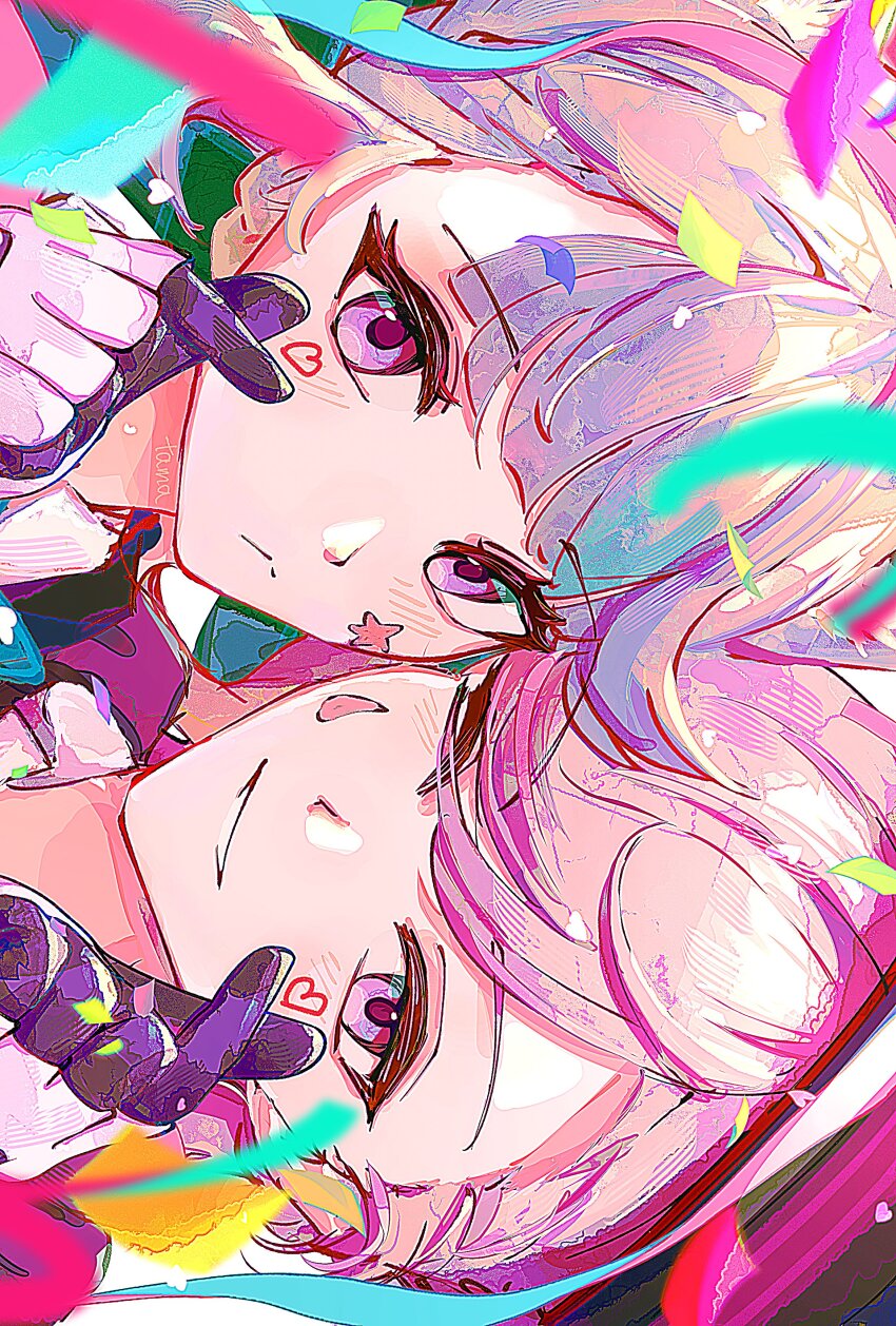 1boy, 1girl, absurdres, black_gloves, blush, brown_hair, commentary_request, confetti, expressionless, finger_heart, genshin_impact, gloves, highres, looking_at_viewer, lynette_(genshin_impact), lyney_(genshin_impact), one_eye_closed, pink_eyes, siblings, smile, tamadon_(tamadonoekaki), teeth, twins