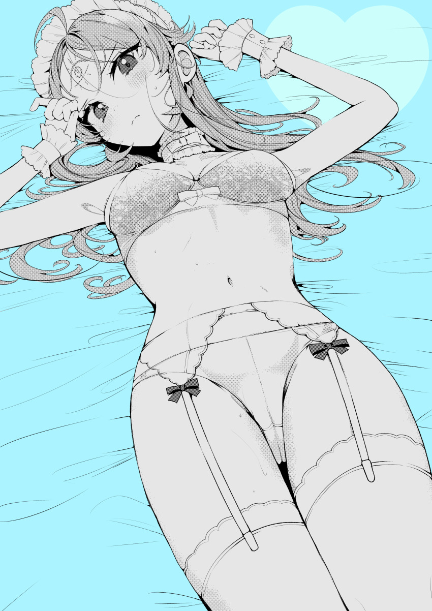 1girl, absurdres, ahoge, blue_background, blush, bow, bra, breasts