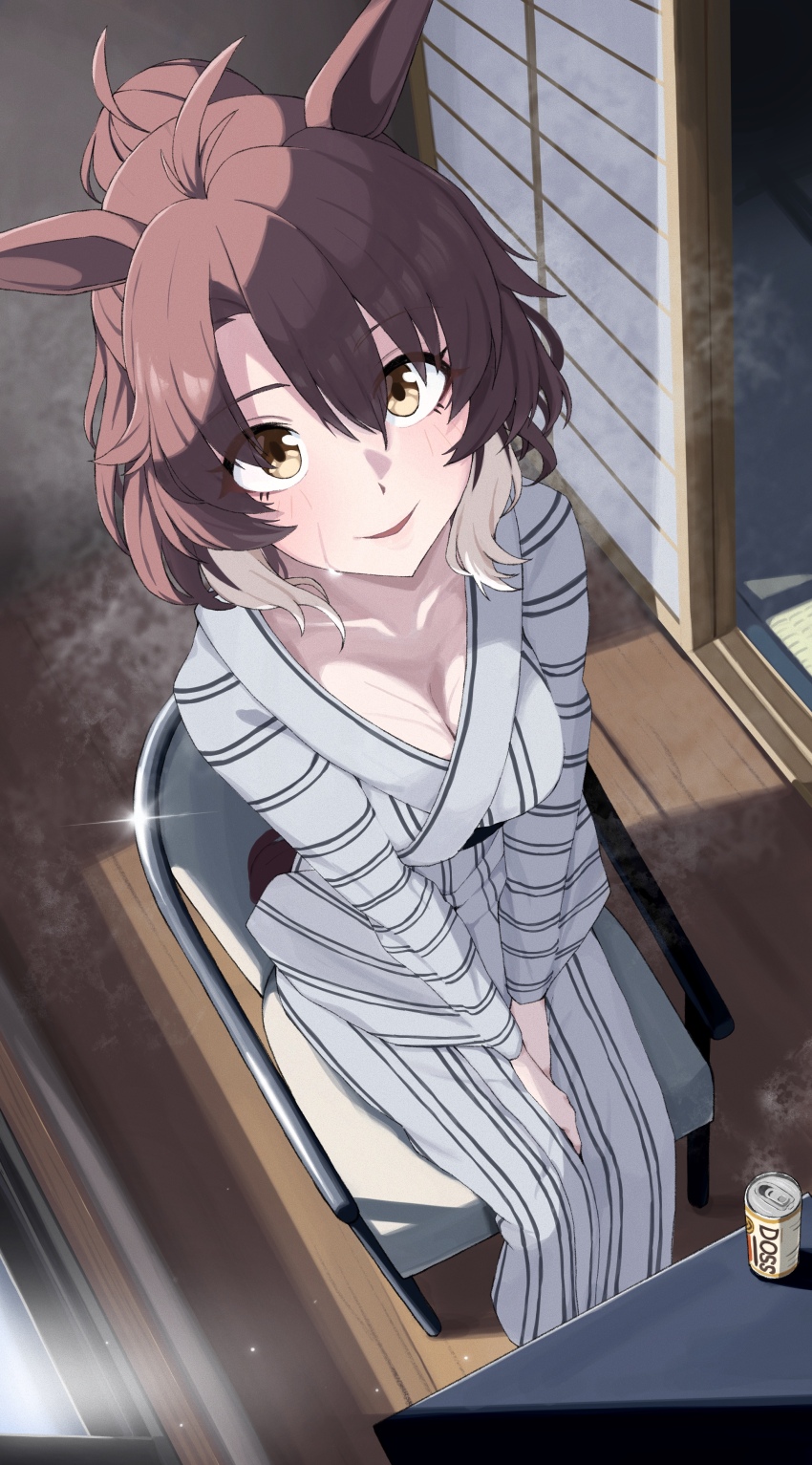 1girl, absurdres, alternate_costume, alternate_hairstyle, animal_ears, blurry, blurry_background, blush