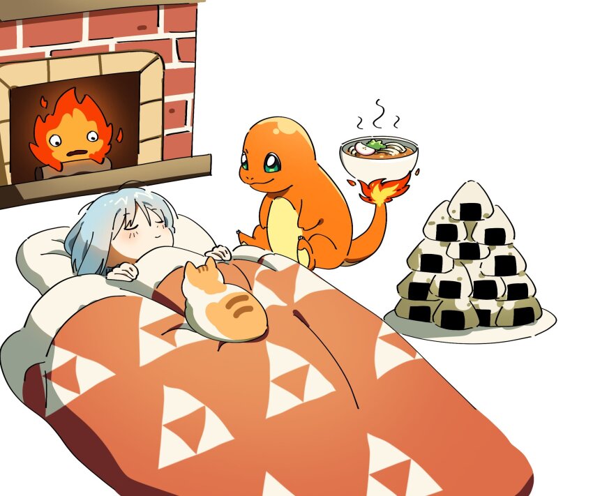 1boy, blue_hair, calcifer, calico_(pattern), calico_cat, cat_on_chest, charmander, closed_eyes
