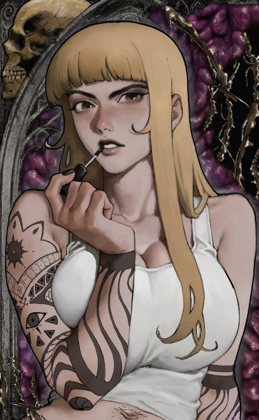 1girl, applying_lipgloss, arm_tattoo, black_lips, black_nails, blonde_hair, blunt_bangs, breasts