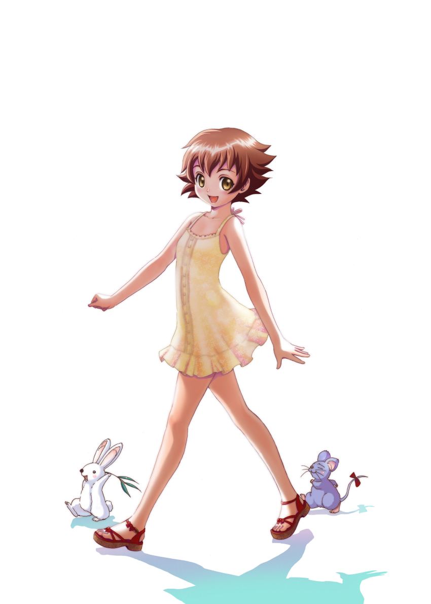 1girl, :d, absurdres, animal, bare_shoulders, brown_eyes, brown_hair, collarbone