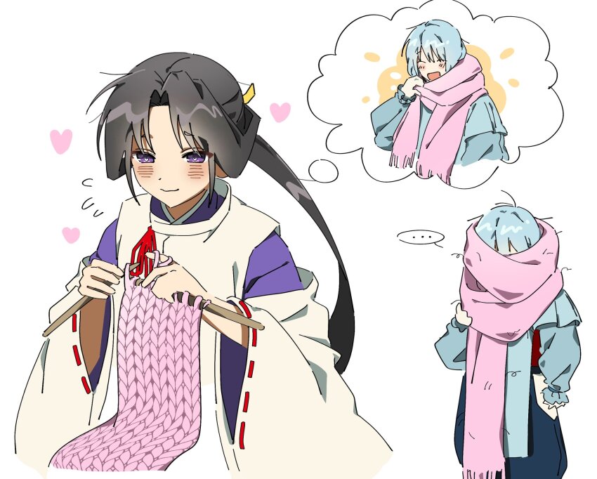 ..., 2boys, :d, adjusting_scarf, black_hair, blue_hakama, blush, closed_eyes