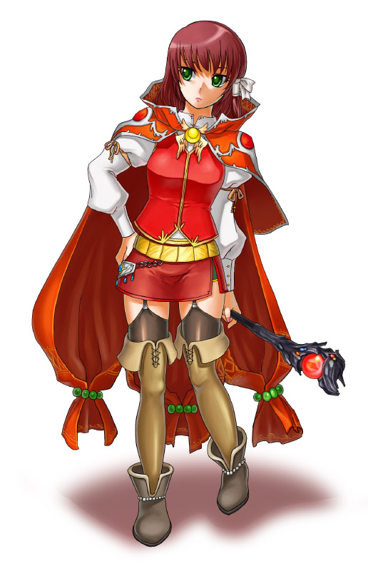 1girl, bad_id, bad_pixiv_id, boots, cape, garter_straps, green_eyes, makoto_k_7900