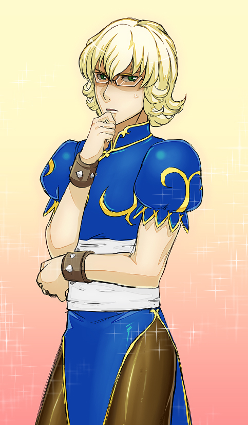 1boy, anger_vein, bad_id, bad_pixiv_id, barnaby_brooks_jr., blonde_hair, capcom, chinese_clothes, chun-li, chun-li_(cosplay), cosplay, crossdressing, crossdressing_(mtf), glasses, green_eyes, head_rest, makoto_k_7900, male_focus, pantyhose, pelvic_curtain, solo, sparkle, street_fighter, t_repens, thinking, tiger_&amp;_bunny, trap