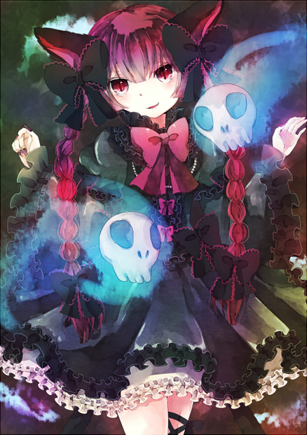 1girl, animal_ears, bad_id, bad_pixiv_id, black_dress, braid, cat_ears, cat_girl, cat_tail, dress, female_focus, floating_skull, frills, gothic_lolita, hair_ribbon, jaku_sono, kaenbyou_rin, lolita_fashion, long_hair, multiple_tails, nekomata, red_eyes, red_hair, ribbon, smile, solo, tail, touhou, twin_braids