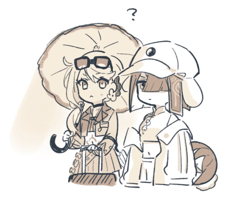 2girls, :<, ?, chloe_von_einzbern, chloe_von_einzbern_(swimsuit_avenger)_(first_ascension), commentary_request, eyewear_on_head, fate/grand_order, fate_(series), hair_over_one_eye, hat, holding, holding_umbrella, kanoko_iii, long_hair, midriff, monochrome, multiple_girls, navel, pubic_tattoo, rolling_suitcase, suitcase, tattoo, umbrella, xu_fu_(fate), xu_fu_(swimsuit_avenger)_(third_ascension)_(fate), yin_yang