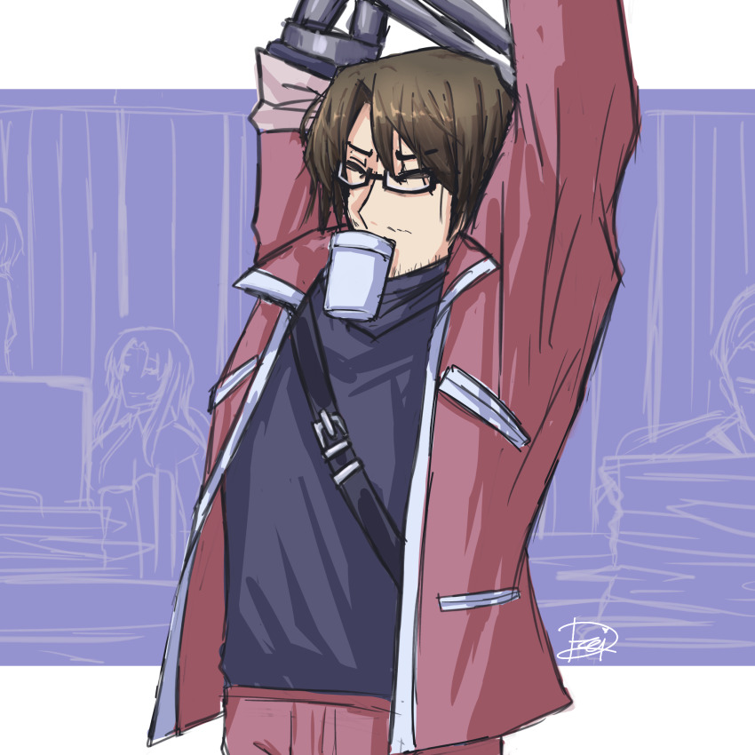 1girl, 3boys, absurdres, alternate_costume, amputee, arms_up, artist_name, bags_under_eyes, beard_stubble, black-framed_eyewear, black-framed_glasses, black_strap, black_sweater, brown_hair, casual, closed_eyes, closed_mouth, coffee, collared_jacket, collared_shirt, cowboy_shot, cup, disposable_cup, drink, facial_hair, from_side, glasses, gregor_(project_moon), hair_between_eyes, highres, holding, holding_cup, indoors, jacket, joints, limbus_company, long_hair, long_sleeves, looking_at_another, male_focus, mechanical_arms, meursault_(project_moon), mouth_hold, multiple_boys, official_alternate_costume, open_clothes, open_jacket, pants, paper, paper_stack, parted_bangs, photoshop_(medium), project_moon, prosthesis, prosthetic_arm, purple_jacket, purple_pants, rodion_(project_moon), rosespanner_workshop_(identity)_(project_moon), semi-rimless_eyewear, shirt, short_hair, signature, simple_background, sinclair_(project_moon), single_mechanical_arm, sketch, sketchbook, smile, solo, solo_focus, spitting, standing, strap, stretching, stubble, sweater, turtleneck, turtleneck_sweater, under-rim_eyewear, upper_body, white_trim, window