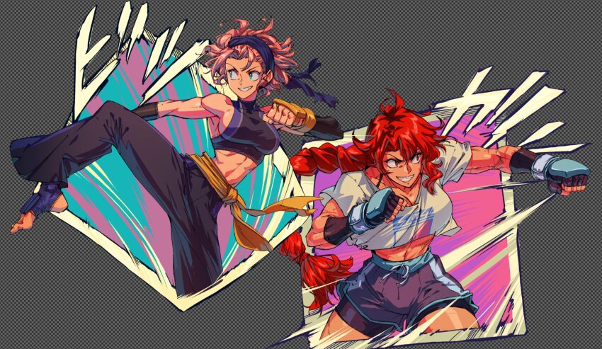 1990s_(style), 1990s_fashion, 2girls, abs, alternate_hairstyle, bike_shorts, bike_shorts_under_shorts, black_gloves