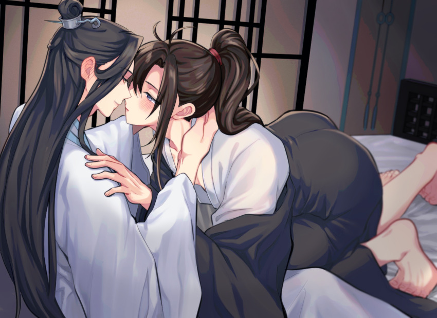 2boys, ahoge, aslle, ass, barefoot, bed, bishounen, black_hair