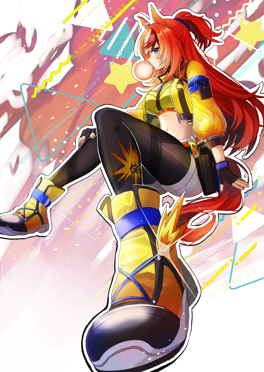 1girl, absurdres, animal_ears, bandeau, black_gloves, black_leggings, blowing_bubble_gum, blue_eyes