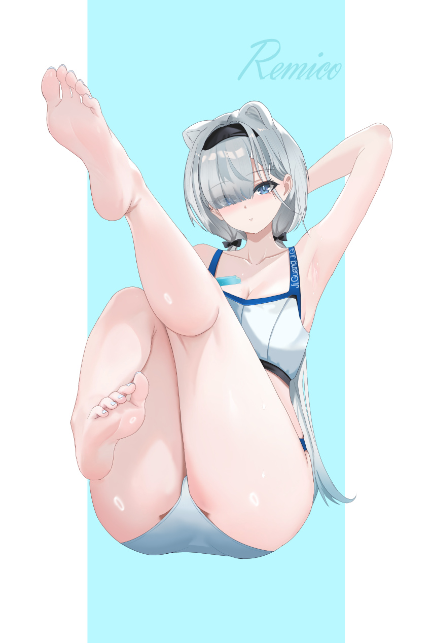 1girl, absurdres, animal_ears, aqua_background, arknights, arknights:_endfield, arm_behind_head, arm_up