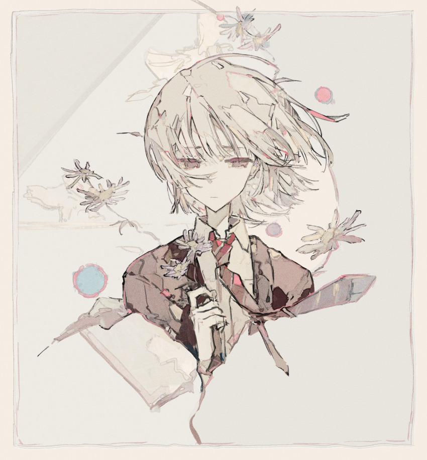 1boy, averting_eyes, brown_necktie, collared_shirt, dress_shirt, fleabane, flower, highres