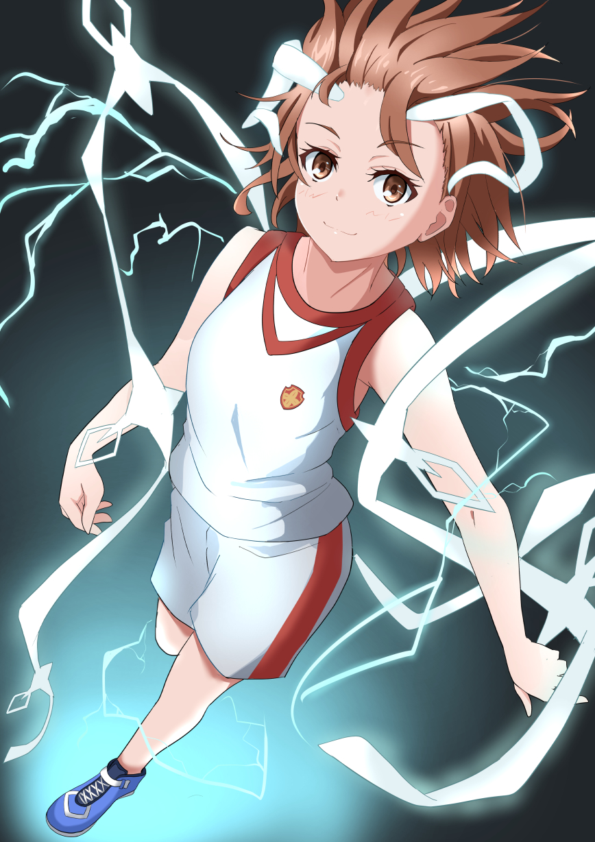 1girl, awakening_(toaru), brown_eyes, brown_hair, commentary, electrical_wings, electricity, electrokinesis, gym_shirt, gym_shorts, gym_uniform, highres, looking_at_viewer, medium_hair, misaka_mikoto, misaka_mikoto_level_6_shift, school_emblem, shirt, short_shorts, shorts, simple_background, sleeveless, sleeveless_shirt, smile, solo, tabu_(tabu_01), toaru_kagaku_no_railgun, toaru_kagaku_no_railgun_t, toaru_majutsu_no_index, tokiwadai_school_gym_uniform, white_shirt