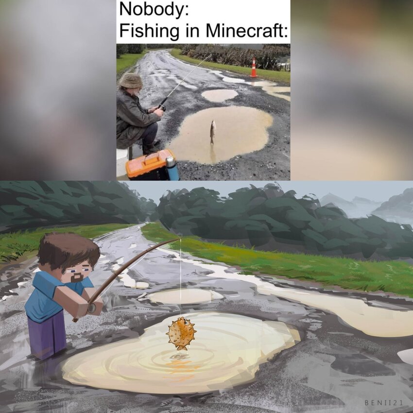 artist_name, beard, benii21, brown_hair, facial_hair, fishing, fishing_rod, highres, holding, holding_fishing_rod, minecraft, mud, outdoors, puddle, pufferfish_(minecraft), reference_inset, short_hair, steve_(minecraft)