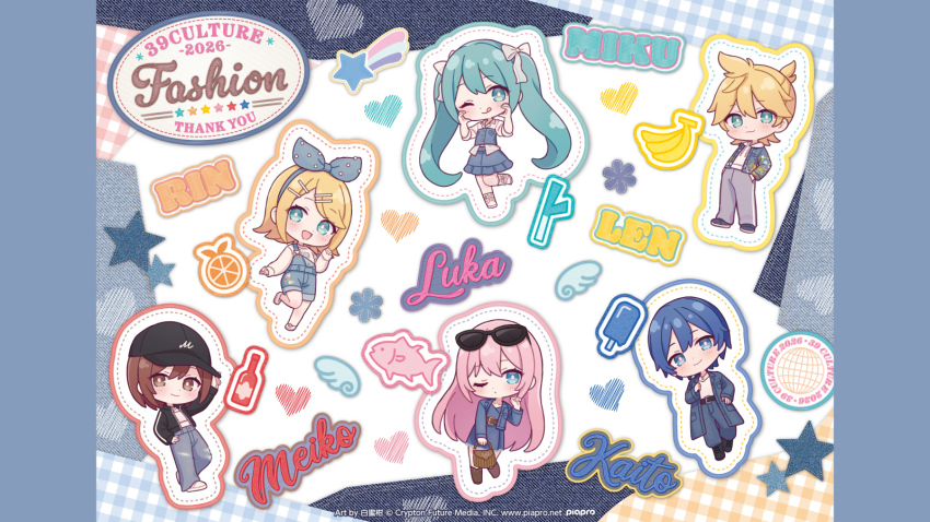 2boys, 39culture, 4girls, :d, ;q, aqua_eyes, aqua_hair, banana