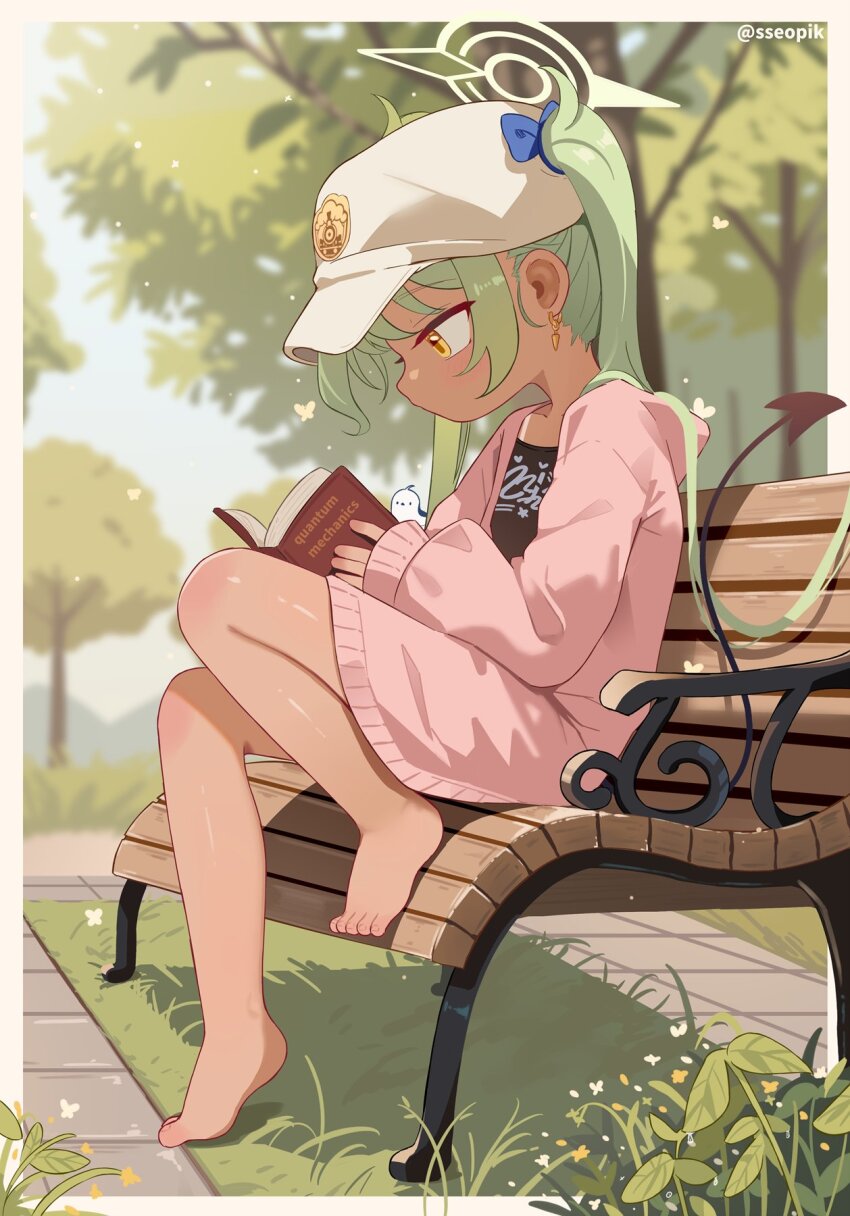alternate_skin_color, barefoot, bird, black_tail, blue_archive, book, cardigan, commentary
