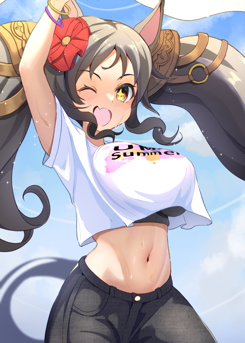 1girl, ;d, animal_ears, arm_up, black_hair, black_pants, bracelet, breasts