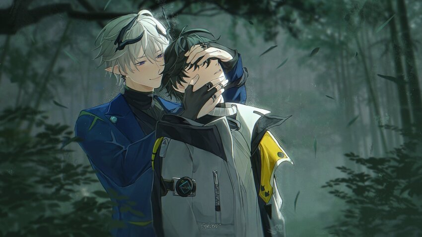 2boys, ardashir_(arknights), arknights, arknights:_endfield, black_gloves, black_horns, black_shirt, blue_eyes, blue_jacket, blush, commentary, covering_another's_eyes, ear_covers, endministrator_(arknights), english_commentary, gloves, hands_on_another's_face, highres, horns, jacket, lapels, looking_at_another, male_endministrator_(arknights), male_focus, moonya, multiple_boys, open_clothes, open_jacket, partially_fingerless_gloves, pointy_ears, shirt, single_ear_cover, suit_jacket, sweater, turtleneck, turtleneck_sweater, vest, white_jacket, white_sweater, yaoi