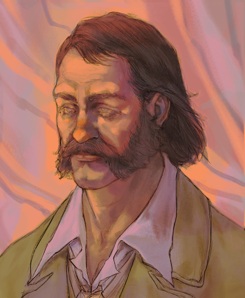 1boy, blank_stare, collared_shirt, disco_elysium, facial_hair, green_jacket, grey_eyes, hair_slicked_back