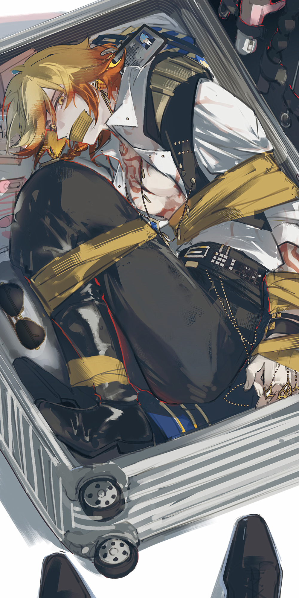 2boys, armlet, black_pants, black_shoes, blonde_hair, bound, bound_ankles, bound_arms, bound_legs, braid, chest_tattoo, chinese_commentary, collared_shirt, commentary_request, earrings, gag, gold_earrings, gold_necklace, gradient_hair, highres, honkai:_star_rail, honkai_(series), improvised_gag, in_container, jewelry, male_focus, medium_hair, mississipping, multicolored_hair, multiple_boys, mydei_(alternate_spacetime)_(honkai:_star_rail), mydei_(honkai:_star_rail), necklace, official_alternate_costume, pants, red_hair, red_tattoo, restrained, shirt, shoes, side_braid, solo_focus, suitcase, tape, tape_gag, tattoo, white_shirt, yellow_eyes