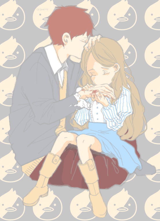 10s, 1boy, 1girl, blazer, brown_hair, celandine, dress, mawaru_penguindrum