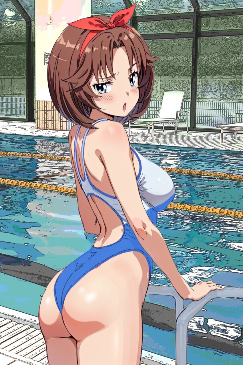 1girl, ass, blue_eyes, blue_one-piece_swimsuit, breasts, chair, commentary_request, competition_swimsuit